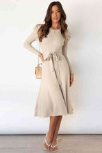 Load image into Gallery viewer, Round Neck Long Sleeve Tie Waist Sweater Dress
