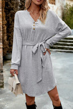 Load image into Gallery viewer, Notched Tie Waist Dropped Shoulder Mini Dress
