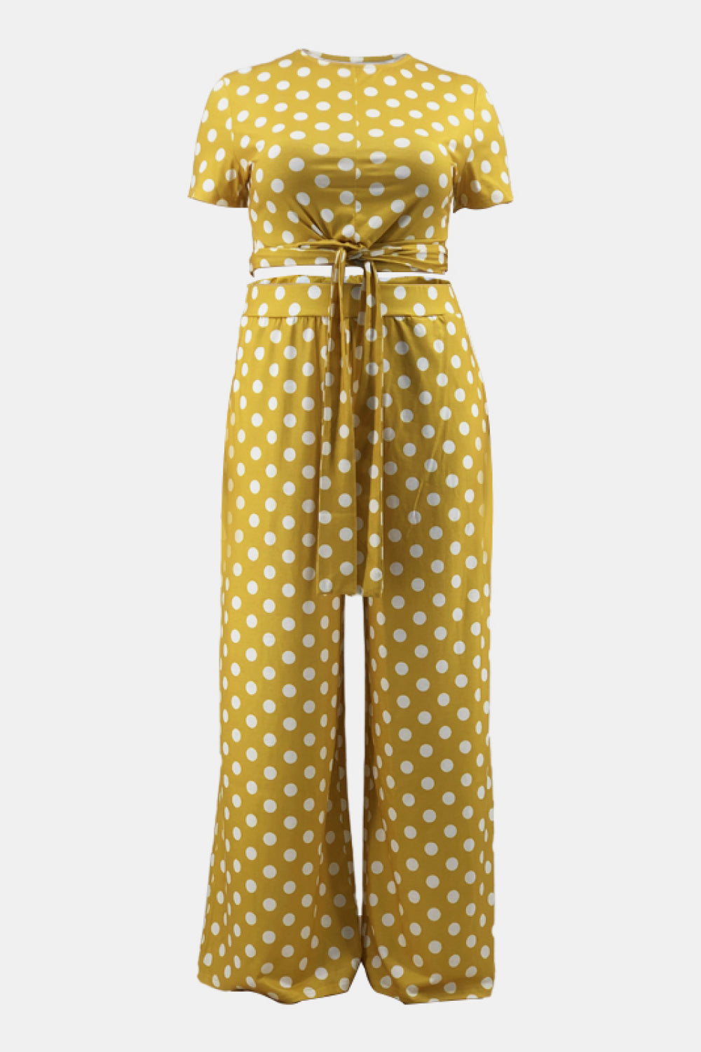 Plus Size Polka Dot Round Neck Top and Wide Leg Pants Set