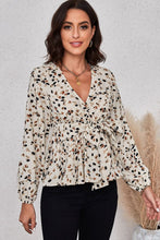 Load image into Gallery viewer, Printed Tie Front Plunge Peplum Blouse
