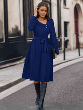 Load image into Gallery viewer, Buttoned Tie Front Long Sleeve Asymmetrical Neck Dress
