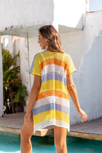 Load image into Gallery viewer, Openwork Striped V-Neck Short Sleeve Cover Up
