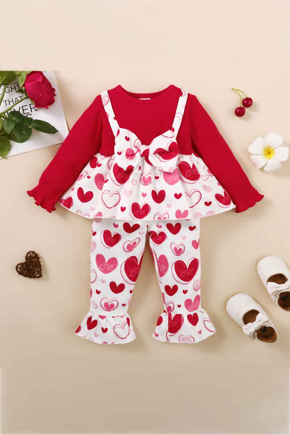 Girls Heart Print Bow Detail Sweater and Flare Pants Set