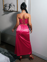 Load image into Gallery viewer, Lace-Up Satin Cropped Cami and Ruched Slit Skirt Set
