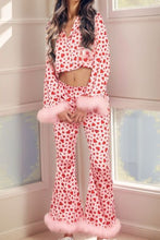 Load image into Gallery viewer, Fuzzy Trim Heart Print Cropped Top and Flare Pants Set
