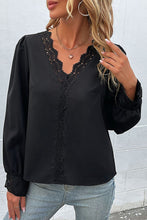 Load image into Gallery viewer, Scalloped Lace Trim Puff Sleeve V-Neck Blouse
