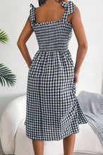 Load image into Gallery viewer, Plaid Tie Shoulder Frill Trim Midi Dress
