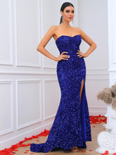 Load image into Gallery viewer, Sequin Zip-Back Strapless Split Floor-Length Dress
