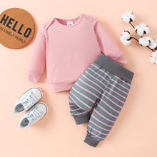 Load image into Gallery viewer, Round Neck Long Sleeve Tee and Stripe Pants Set
