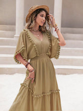 Load image into Gallery viewer, Tassel Trim Smocked V-Neck Short Sleeve Dress
