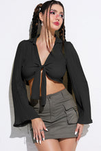 Load image into Gallery viewer, Tie Front Johnny Collar Flare Sleeve Cropped Top
