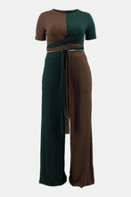 Load image into Gallery viewer, Plus Size Two-Tone Tie Front Top and Pants Set with Pockets
