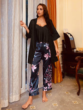 Load image into Gallery viewer, Cami, Robe, and Printed Pants Pajama Set
