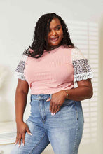 Load image into Gallery viewer, Double Take Leopard Lace Trim Ribbed Round Neck Top
