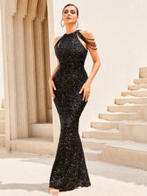 Load image into Gallery viewer, Sequin Zip-Back Grecian Maxi Dress
