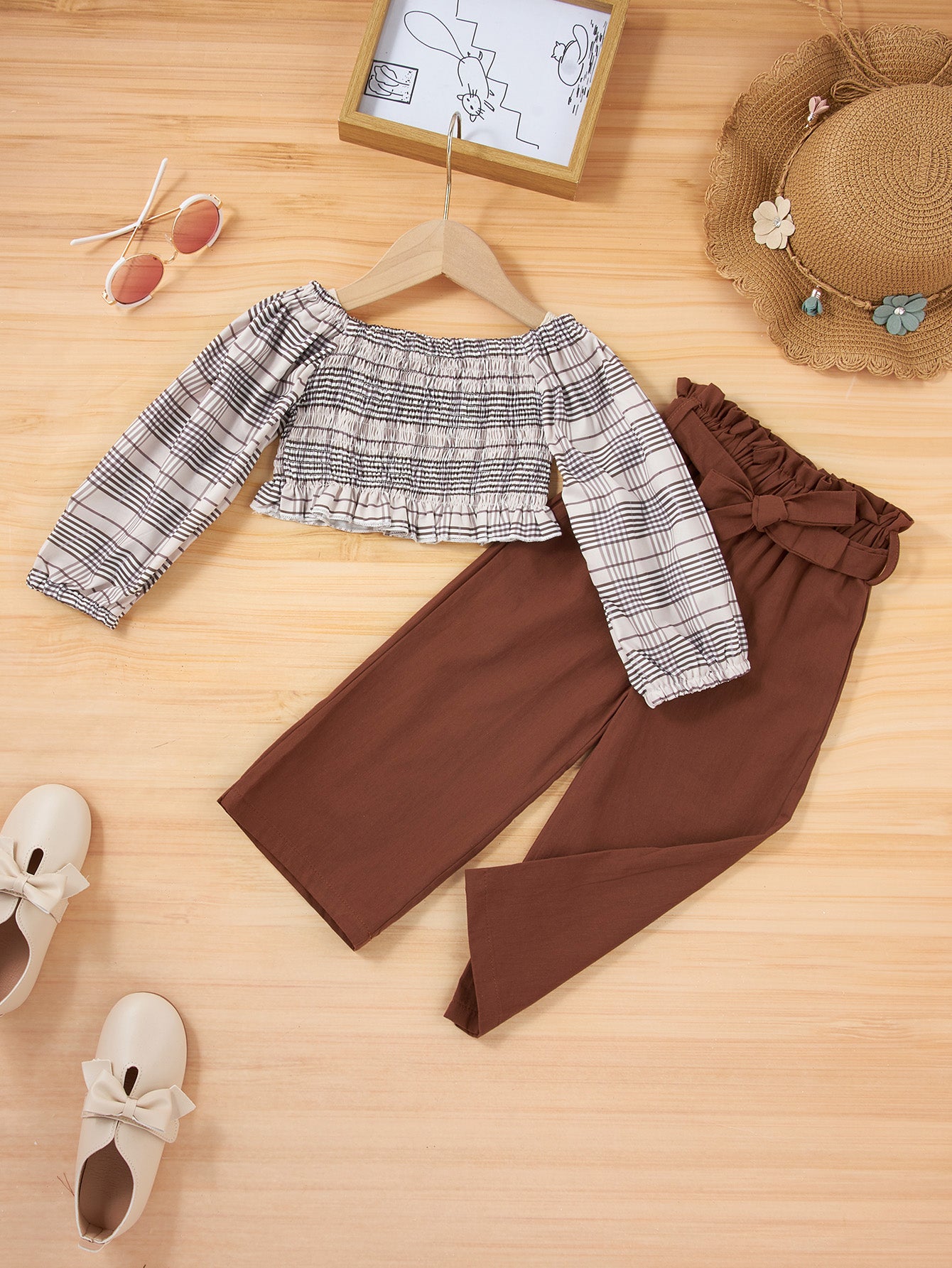 Girls Smock Crop Top and Tie Waist Pants Set