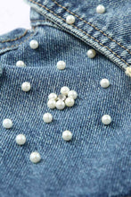 Load image into Gallery viewer, Pearl Detail Distressed Button Up Denim Jacket
