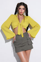 Load image into Gallery viewer, Tie Front Johnny Collar Flare Sleeve Cropped Top
