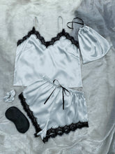 Load image into Gallery viewer, Lace Trim Cami, Shorts, Eye Mask, Scrunchie, and Bag Pajama Set
