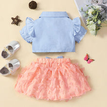 Load image into Gallery viewer, Ruffle Shoulder Shirt and Butterfly Applique Skirt Set
