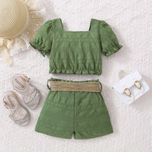 Load image into Gallery viewer, Kids Textured Bow Detail Top and Belted Shorts Set
