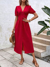 Load image into Gallery viewer, V-Neck Decorative Button Slit Midi Dress
