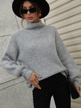 Load image into Gallery viewer, High Neck Balloon Sleeve Rib-Knit Pullover Sweater
