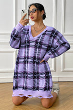Load image into Gallery viewer, Plaid V-Neck Long Sleeve Sweater Dress
