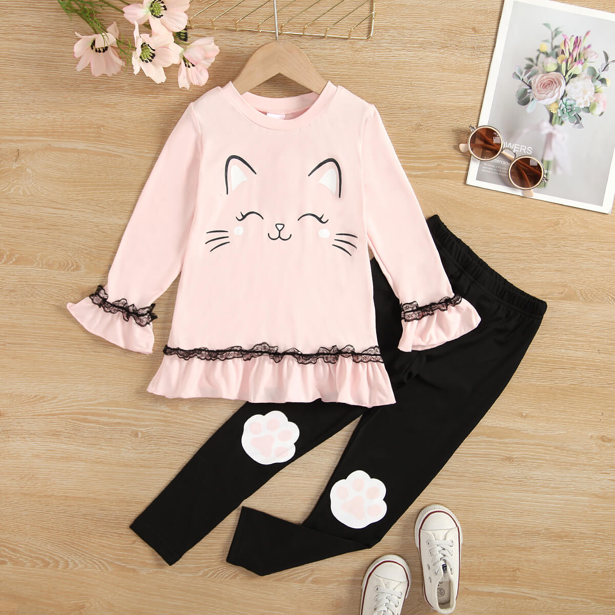 Girls Cat Graphic Ruffle Hem Top and Pants Set