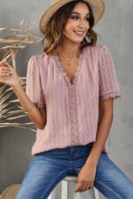 Load image into Gallery viewer, Swiss Dot Lace Trim Plunge Blouse
