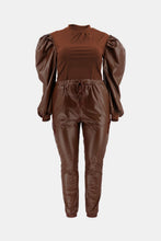 Load image into Gallery viewer, Plus Size Puff Sleeve Spliced Top and Drawstring Waist Joggers Set
