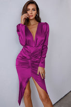 Load image into Gallery viewer, Ruched Tulip Hem Puff Sleeve Plunge Satin Dress
