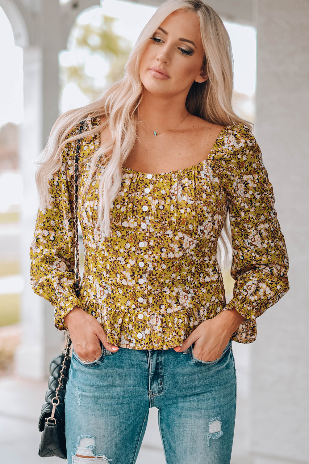 Printed Ruffle Hem Smocked Top