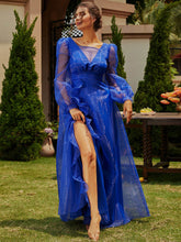 Load image into Gallery viewer, Ruffled Mesh Puff Sleeve Split Maxi Dress
