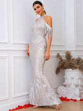 Load image into Gallery viewer, Sequin Cold-Shoulder Fringe Detail Dress
