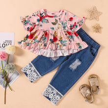 Load image into Gallery viewer, Girls Floral Round Neck Top and Lace Trim Distressed Jeans Set
