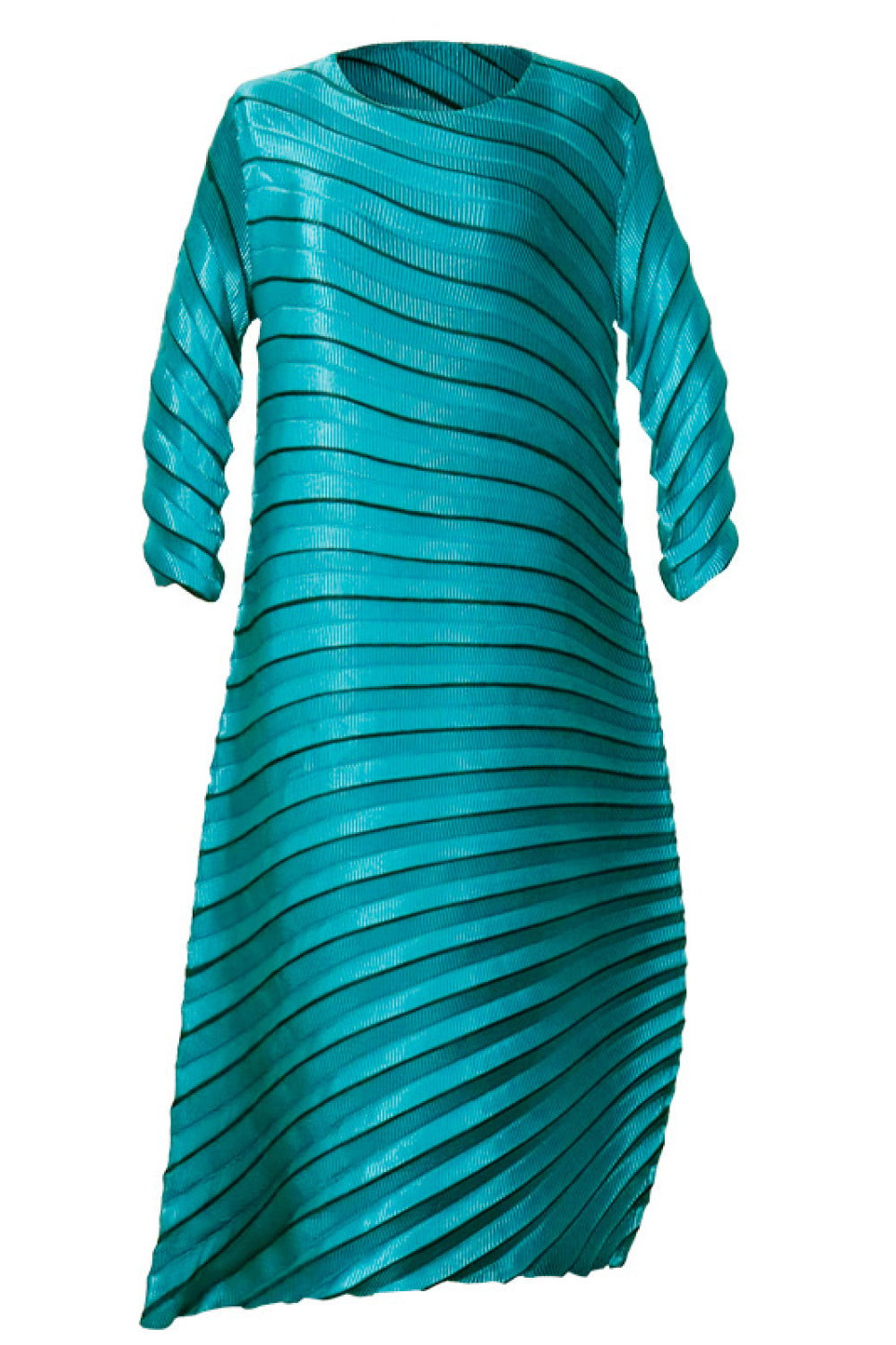 Striped Asymmetrical Pleated Round Neck Midi Dress