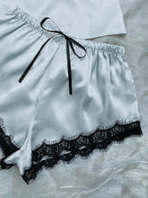 Load image into Gallery viewer, Lace Trim Cami, Shorts, Eye Mask, Scrunchie, and Bag Pajama Set
