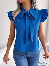 Load image into Gallery viewer, Tie  Neck Cap Sleeve Blouse
