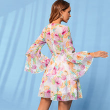 Load image into Gallery viewer, Floral Flare Sleeve Plunge Mini Dress
