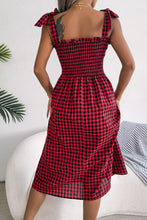 Load image into Gallery viewer, Plaid Tie Shoulder Frill Trim Midi Dress

