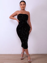 Load image into Gallery viewer, Sequin Strapless Ruched Back Slit Bodycon Dress
