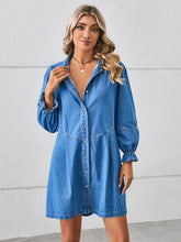 Load image into Gallery viewer, Button Up Flounce Sleeve Mini Denim Dress
