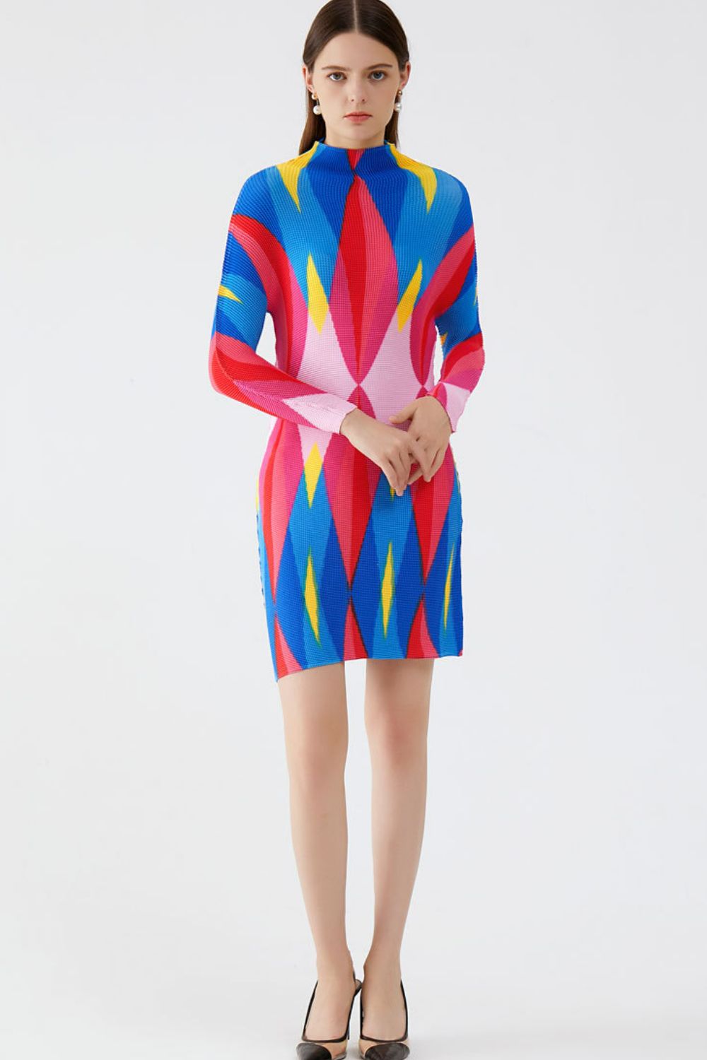 Geometrical Print Accordion Pleated Mock Neck Dress