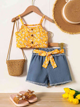 Load image into Gallery viewer, Girls Floral Cami and Belted Denim Shorts Set
