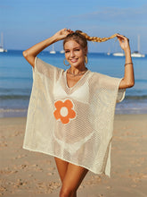 Load image into Gallery viewer, Openwork Flower V-Neck Short Sleeve Cover Up
