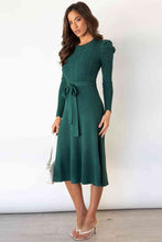 Load image into Gallery viewer, Round Neck Long Sleeve Tie Waist Sweater Dress
