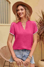 Load image into Gallery viewer, Contrast Trim Pom-Pom Detail Notched Neck Blouse
