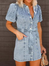 Load image into Gallery viewer, Puff Sleeve Button Up Mini Denim Dress
