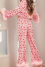 Load image into Gallery viewer, Fuzzy Trim Heart Print Cropped Top and Flare Pants Set
